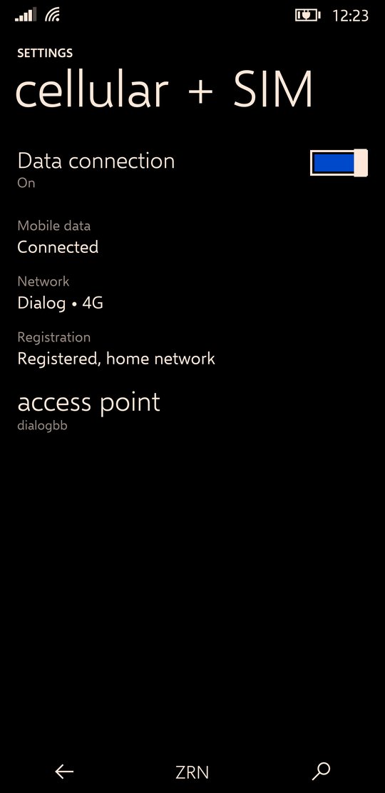Settings, cellular and SIM, with signal and registration