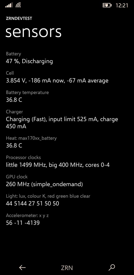 ZrnDevTest showing live sensor readings